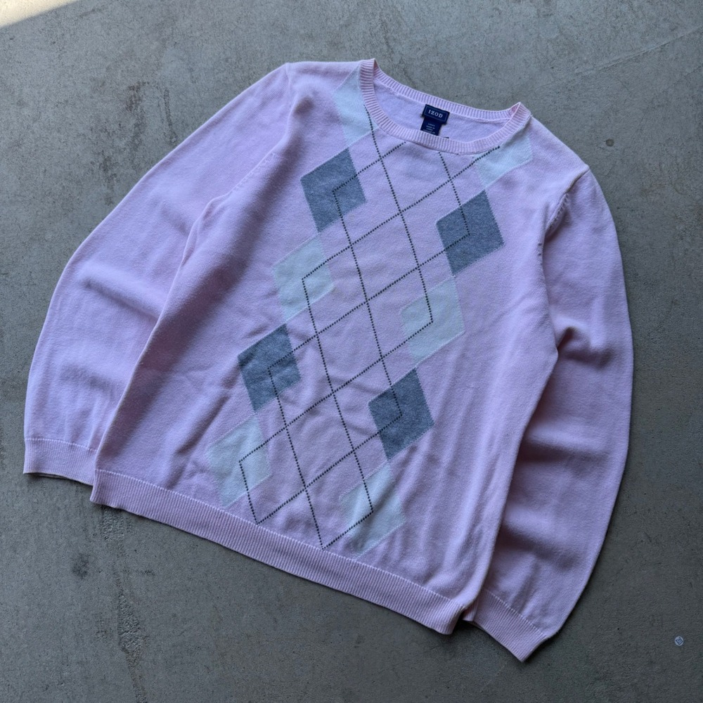 Y2K Womens IZOD Argyle Crewneck Sweater Preppy Pastel Pink Medium